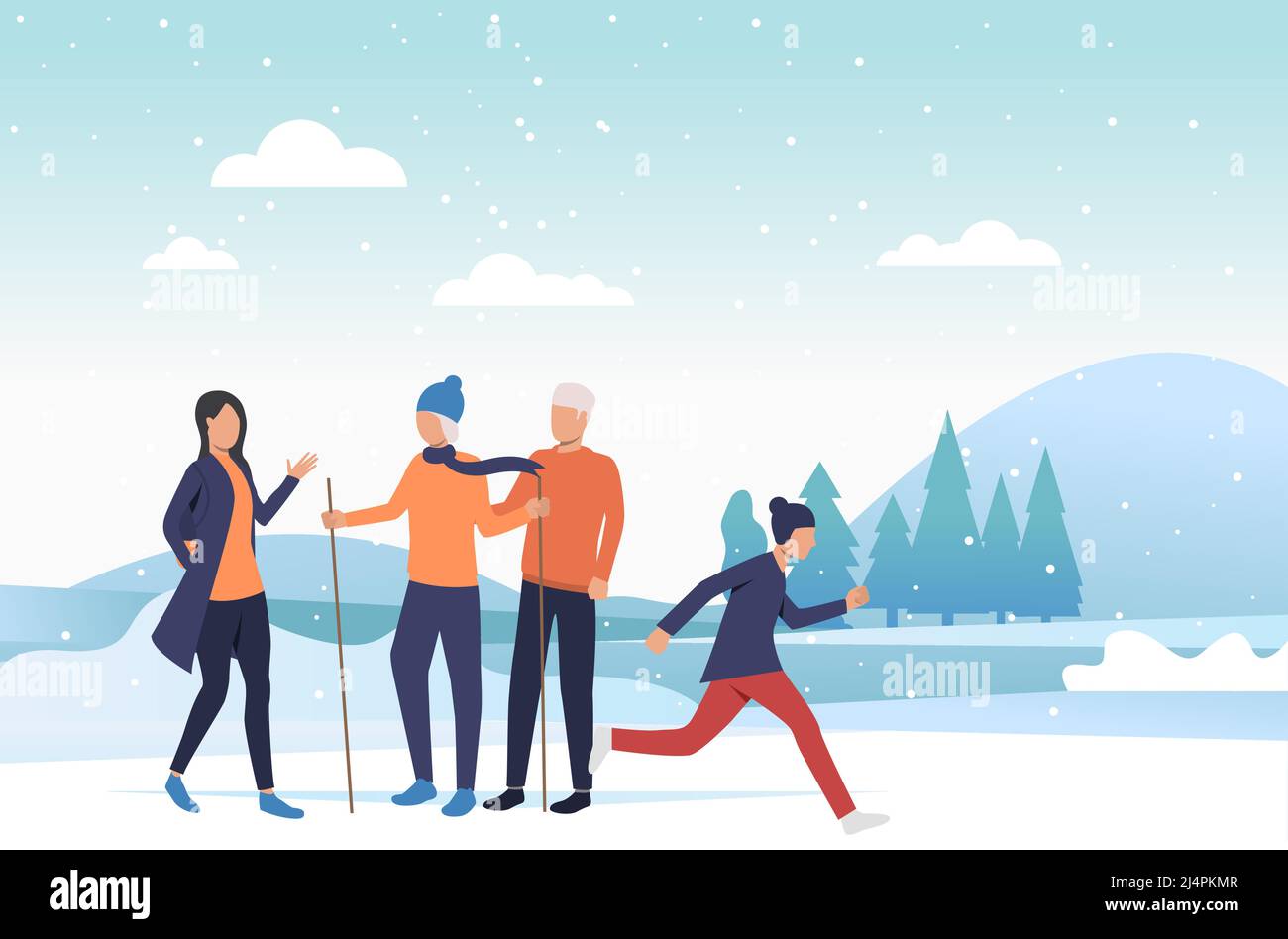 Family enjoying winter activities. Outdoors, parents, children, winter sports. New Year with family concept. Vector illustration can be used for prese Stock Vector
