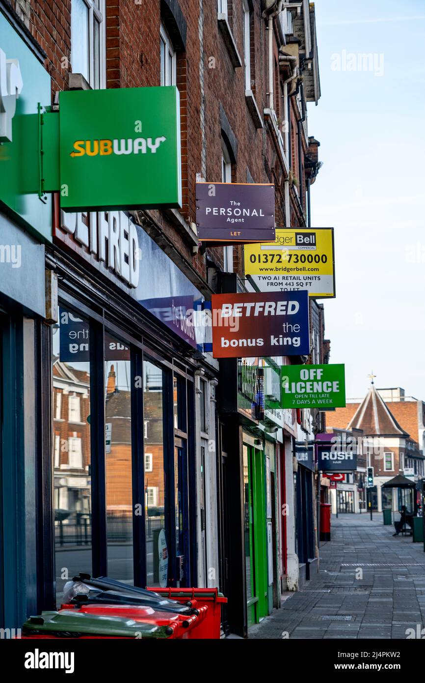 Epsom Surrey London UK, April 17 2022, Row Of Shops Subway, Betfred, Off Licence With No People Stock Photo