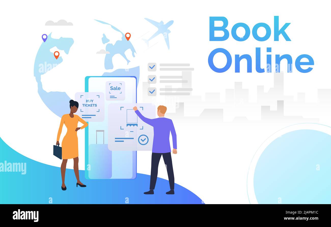 Business travelers holding briefcase and booking flight tickets. Mobile app, airline, internet service. Travel concept. Vector illustration can be use Stock Vector
