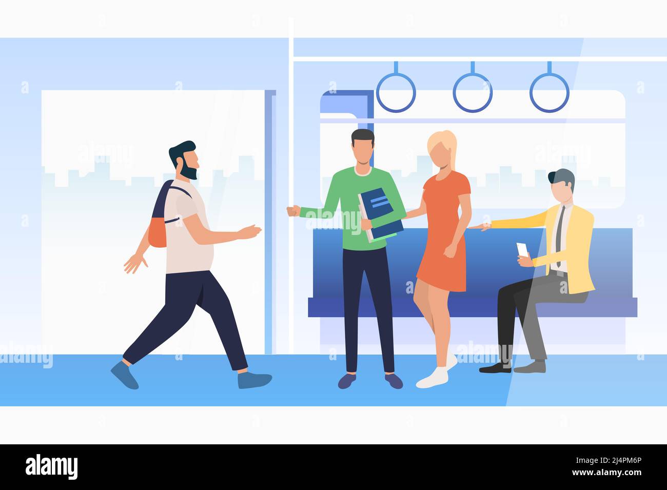 Commuting passengers travelling by train. Using smartphone, carriage with open doors. Public transport concept. Vector illustration can be used for to Stock Vector