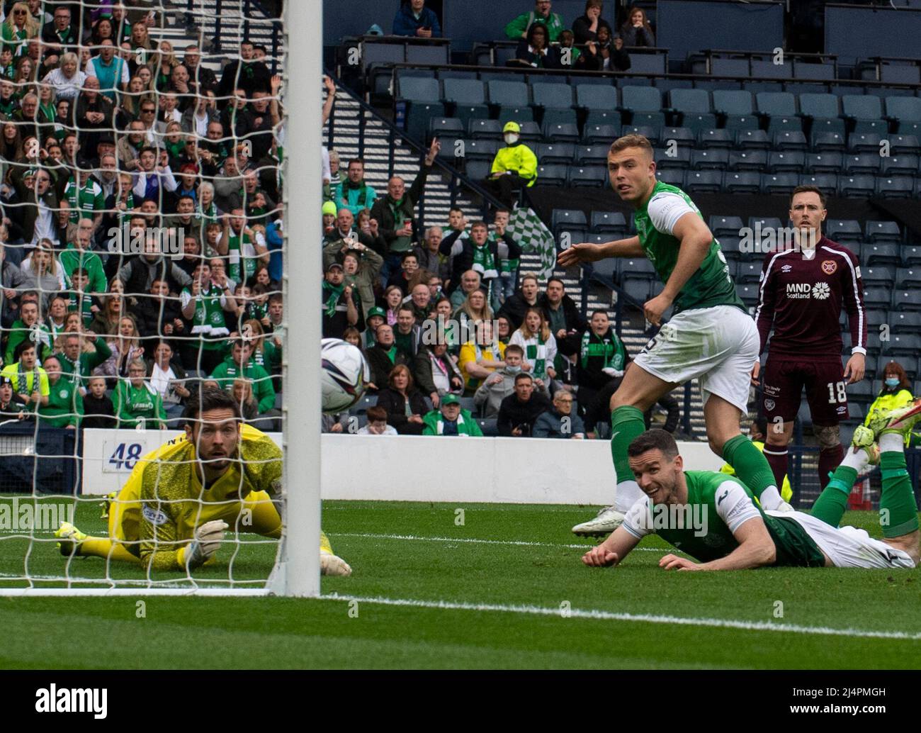 Glasgow, UK. 07th Apr, 2022. Scottish Cup semi final - Heart of Midlothian FC v Hibernian FC 07/04/2022 Pic shows: A world class save by Hearts' goalkeeper, Craig Gordon, prevents HibsÕ centre-back, Ryan PorteousÕ header going into the net as Hearts take on Hibs in the Scottish Cup semi final at Hampden Park, Glasgow Credit: Ian Jacobs/Alamy Live News Stock Photo