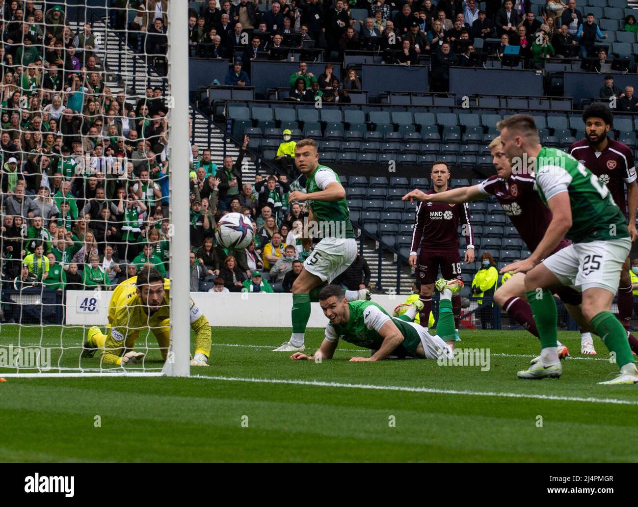 Glasgow, UK. 07th Apr, 2022. Scottish Cup semi final - Heart of Midlothian FC v Hibernian FC 07/04/2022 Pic shows: A world class save by Hearts' goalkeeper, Craig Gordon, prevents HibsÕ centre-back, Ryan PorteousÕ header going into the net as Hearts take on Hibs in the Scottish Cup semi final at Hampden Park, Glasgow Credit: Ian Jacobs/Alamy Live News Stock Photo