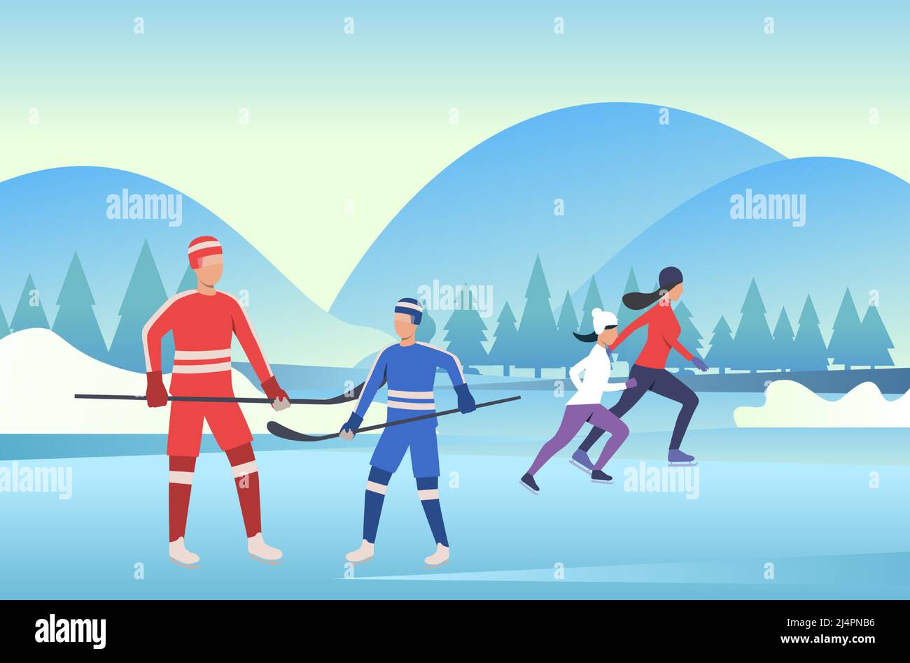 Family skating and playing hockey on frozen pond. Outdoors, parents, children, winter sports. New Year with family concept. Vector illustration can be Stock Vector