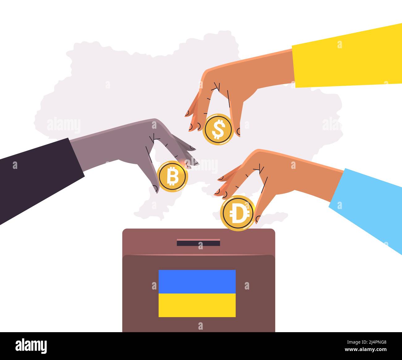 hands holding crypto currencys help Ukraine anti war donation to Ukrainian army donate to help save Ukraine solidarity Stock Vector