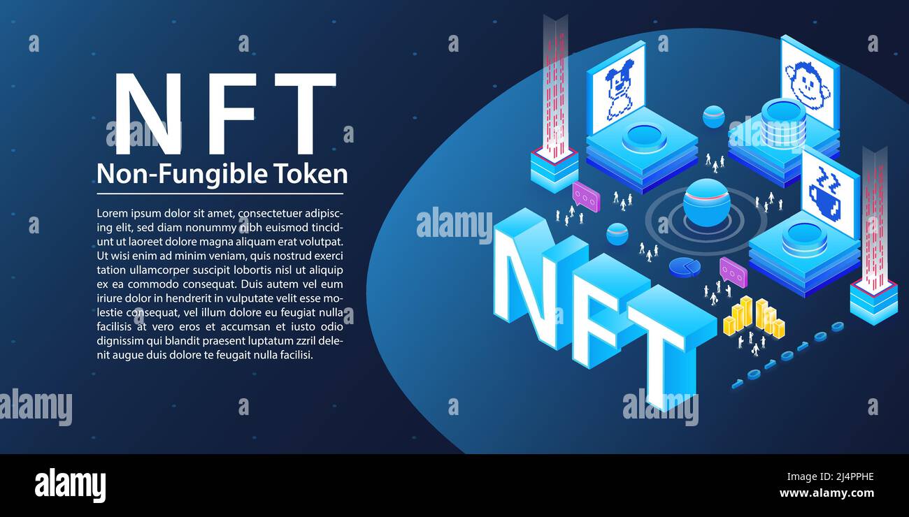 NFT Non Fungible Token vector illustration. Dark web banner background with NFT isometric icons. Stock Vector