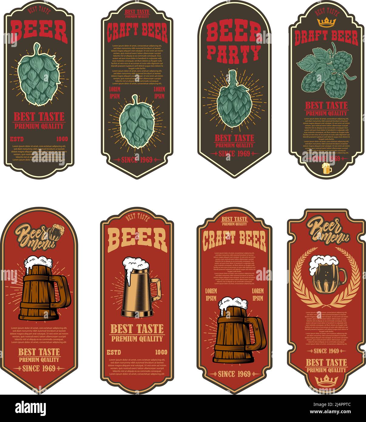 Set of beer labels with illustrations of beer mug and hop. Vector