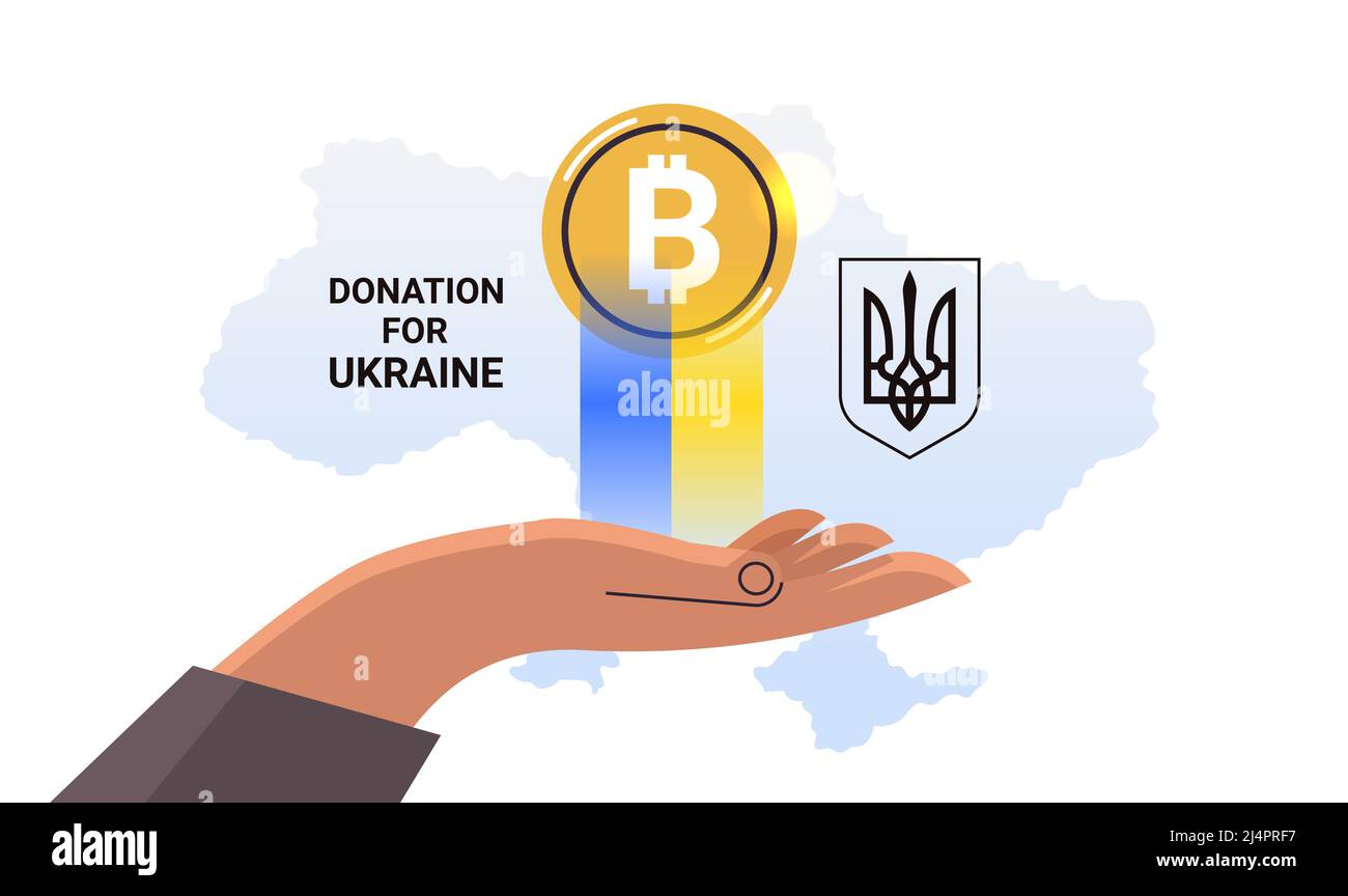hand holding bitcoin crypto currency help Ukraine anti war donation to  Ukrainian army donate to help save Ukraine solidarity Stock Vector Image &  Art - Alamy