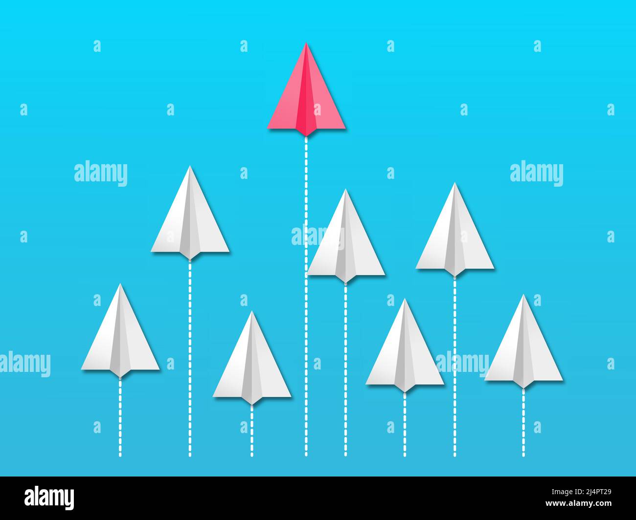 Goal setting and business strategy concep as vector illustration. Red and white paper planes flying in straight line. One paper plane getting ahead in Stock Vector