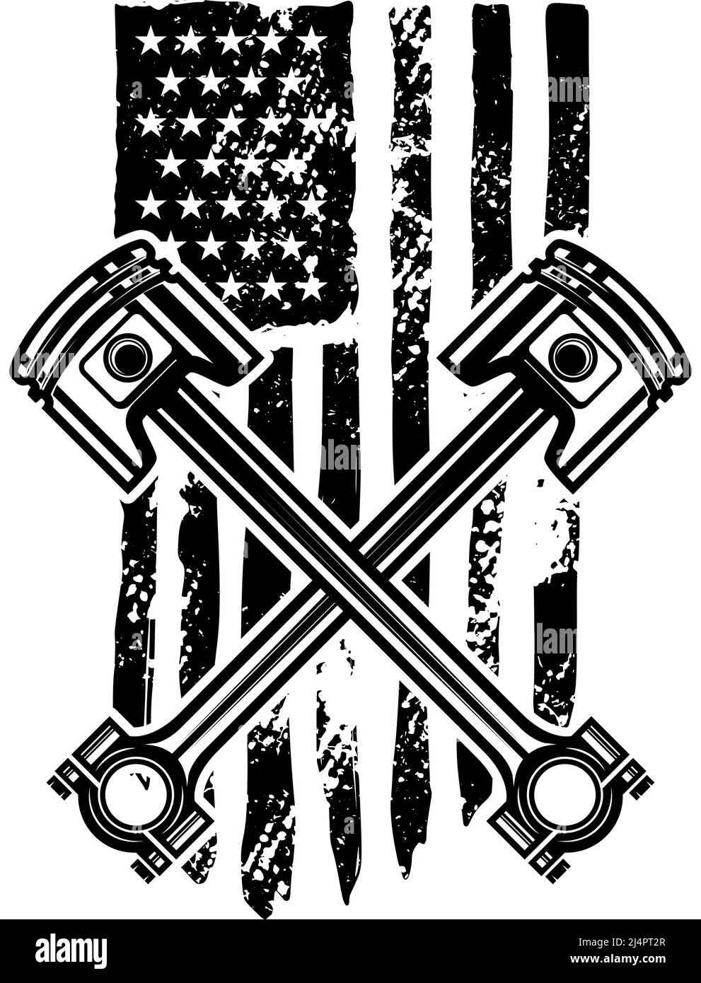 Crossed pistons on american flag background. Design element for logo, emblem, sign, poster, t shirt. Vector illustration Stock Vector