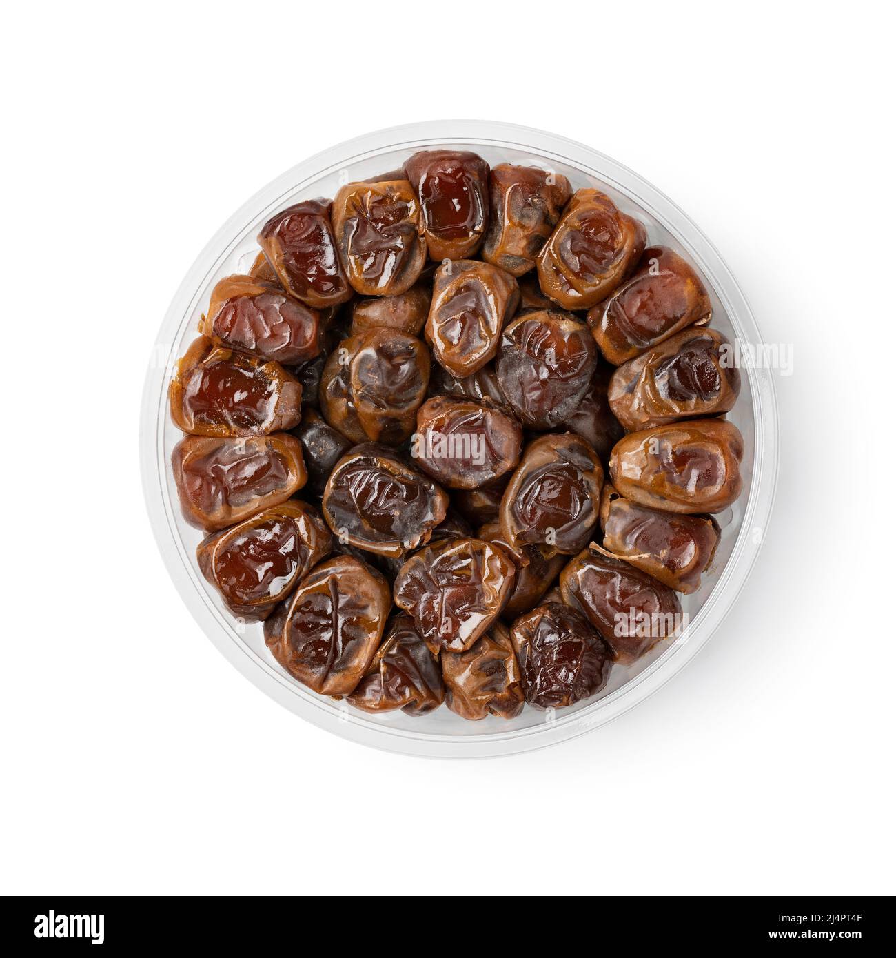 Plastic box with traditional Arabic Sukari dates isolated on white