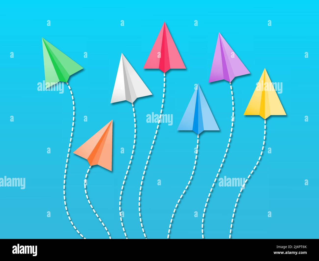 Diversity concept vector illustration. Colorful paper planes flying randomly viewed from top on blue background. Stock Vector