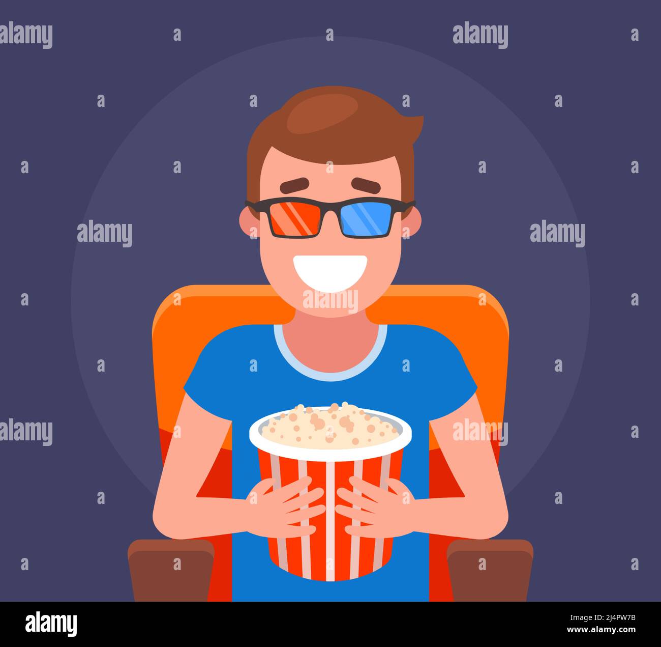 moviegoer in 3d glasses watching a movie in the cinema. flat vector