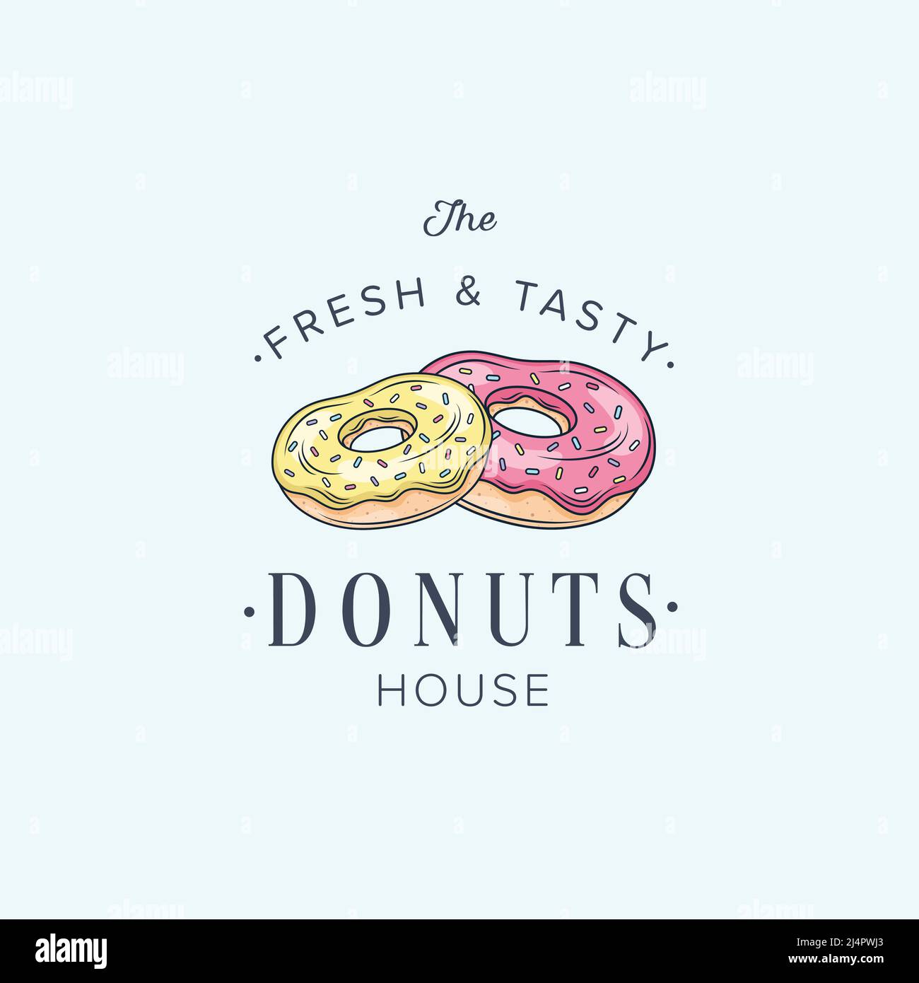 Donuts shop logo. Cafe or bakery emblem. Donut with lettering and small