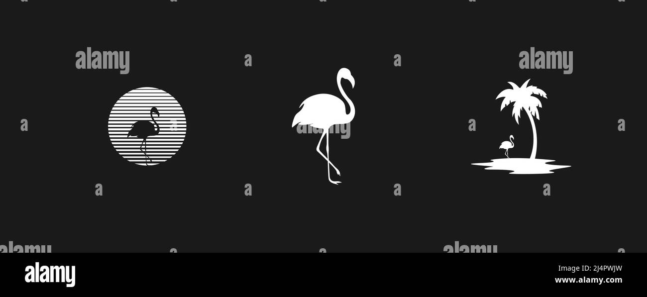Set of retrowave design elements. Striped sun with flamingo silhouette, flamingo, island with palm tree and flamingo. Pack of retrowave 1980s style Stock Vector