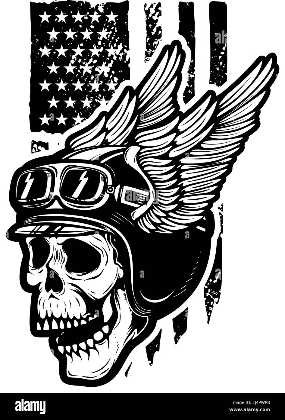 Skull in winged motorcycle helmet on american flag background. Design element for logo, emblem, sign, poster, t shirt. Vector illustration Stock Vector