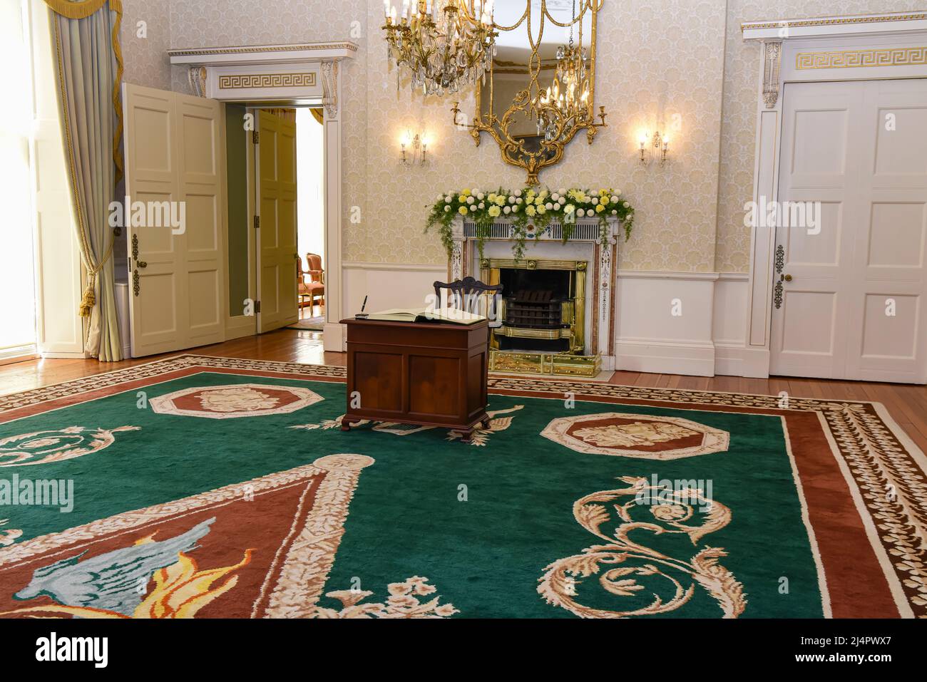 State room inside the Aras An Uachtarain where the Irish President meets visiting dignataries, and are asked to sign the visitors book.  Dublin, Ireland. Stock Photo