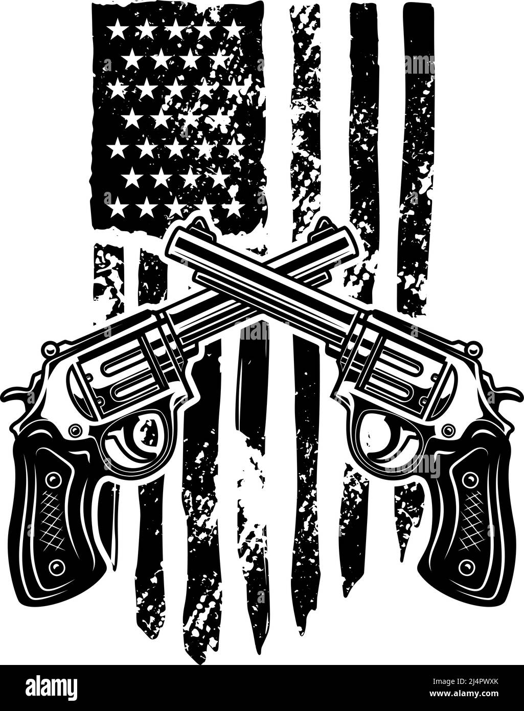 Crossed revolvers on american flag background. Design element for logo, emblem, sign, poster, t shirt. Vector illustration Stock Vector