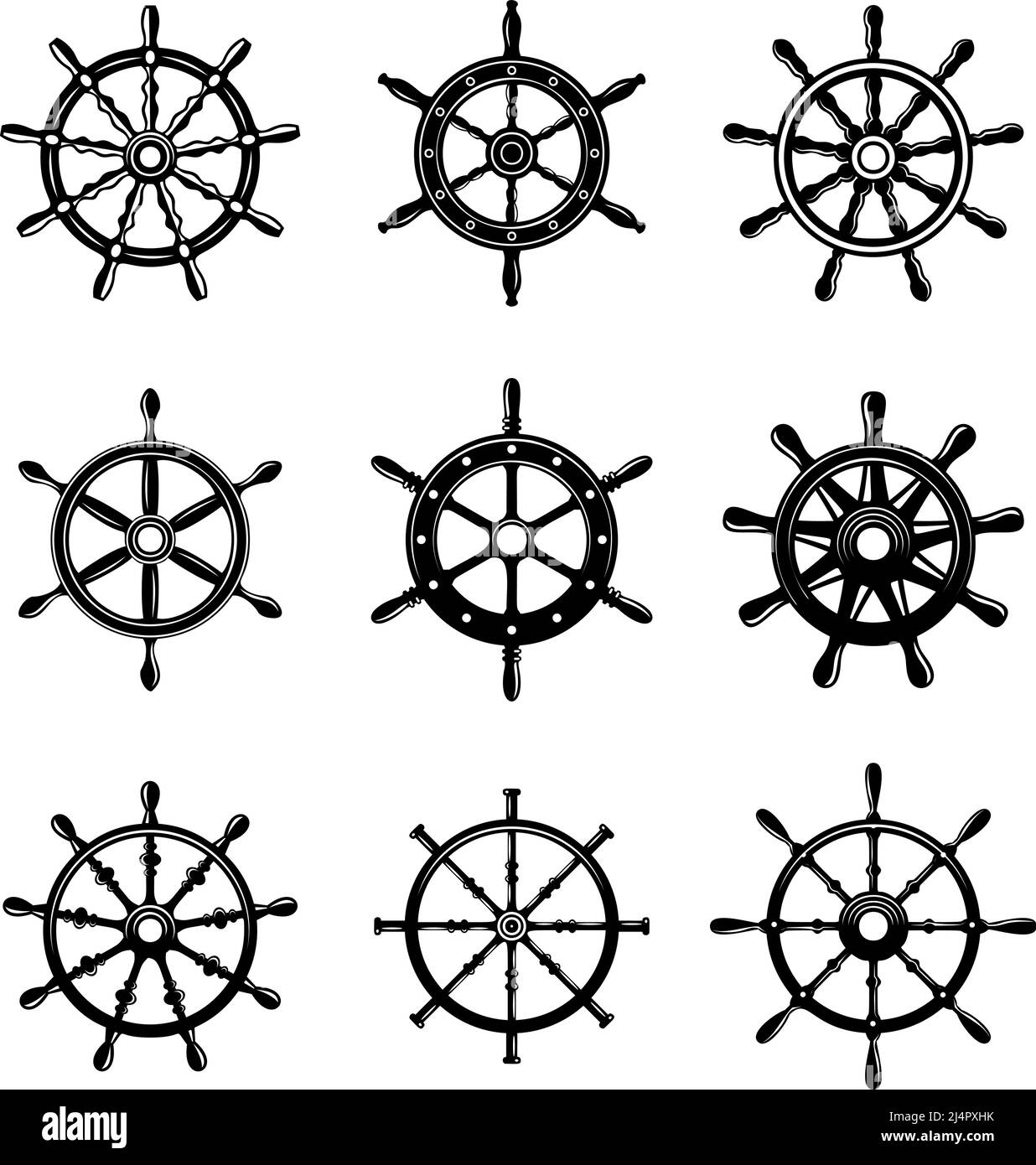 Set of illustrations of ship wheel. Design element for logo, label, sign, emblem, poster. Vector illustration Stock Vector