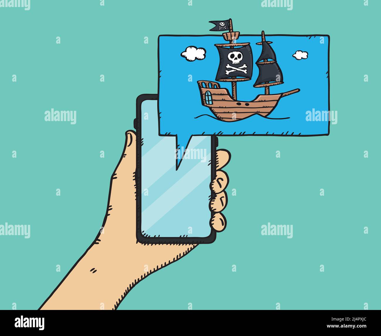 Colorful doodle of hand holding smartphone with pirate ship on comics bubble. Stock Vector