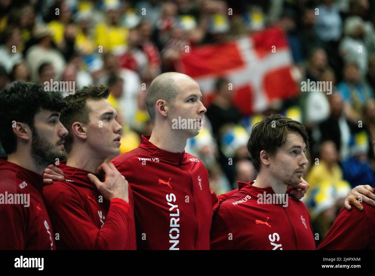 Malmoe, Sweden. 16th Apr, 2022. Simon Hald (34) of Denmark seen during the handball match