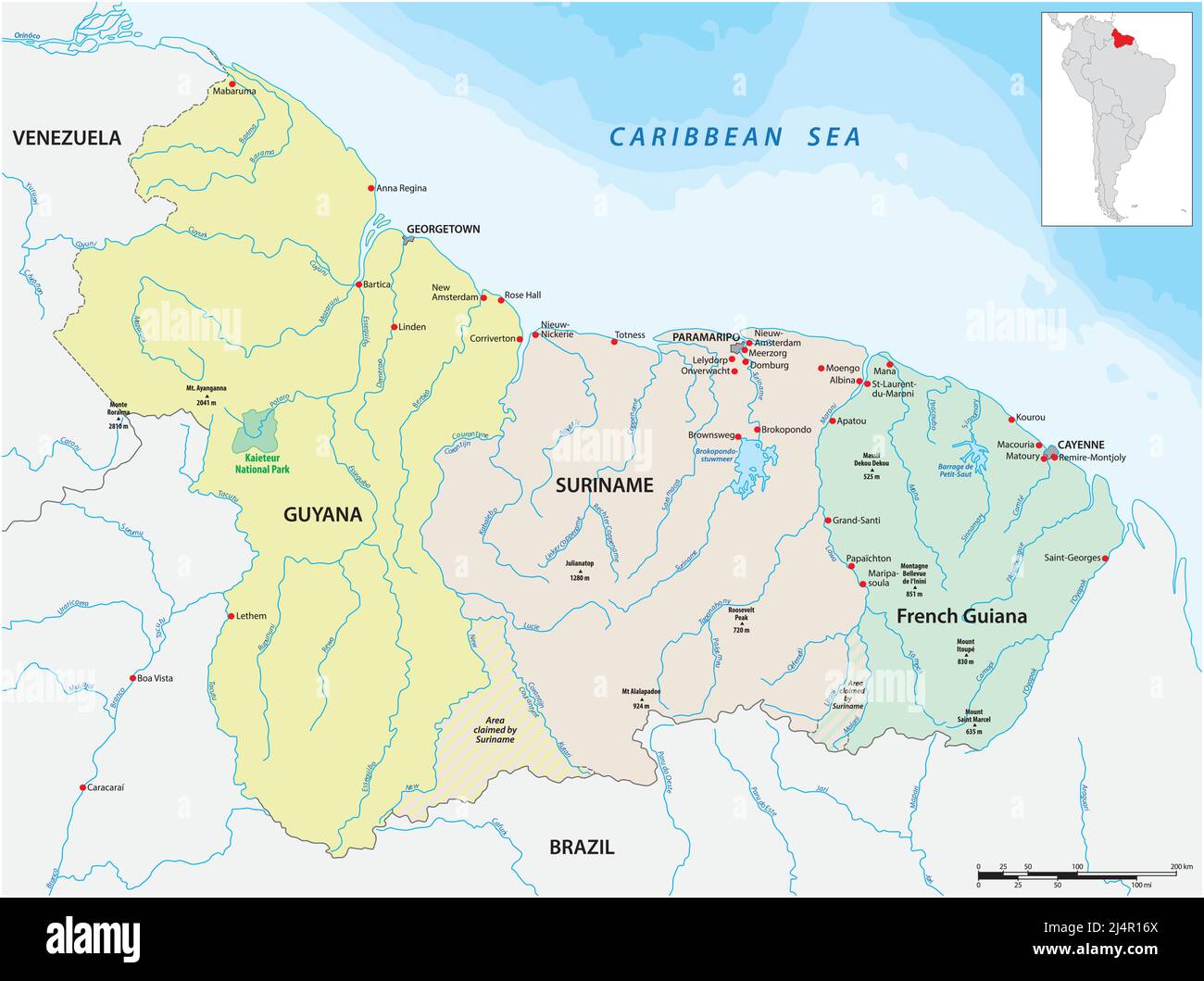 Map of the states of Guyana, Suriname and the French department of French Guiana Stock Vector