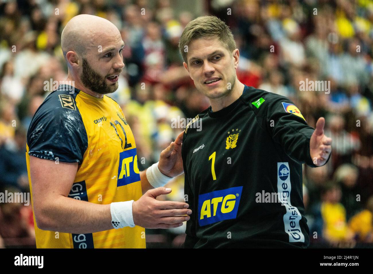 Malmoe, Sweden. 16th Apr, 2022. Peter Johannesson (1) and Oscar Bergendahl (32) of Sweden seen