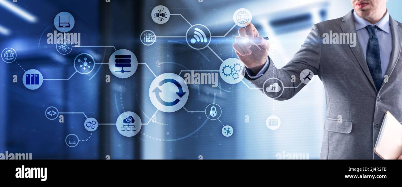 Man clicks on the Update icon. Upgrading concept. Stock Photo