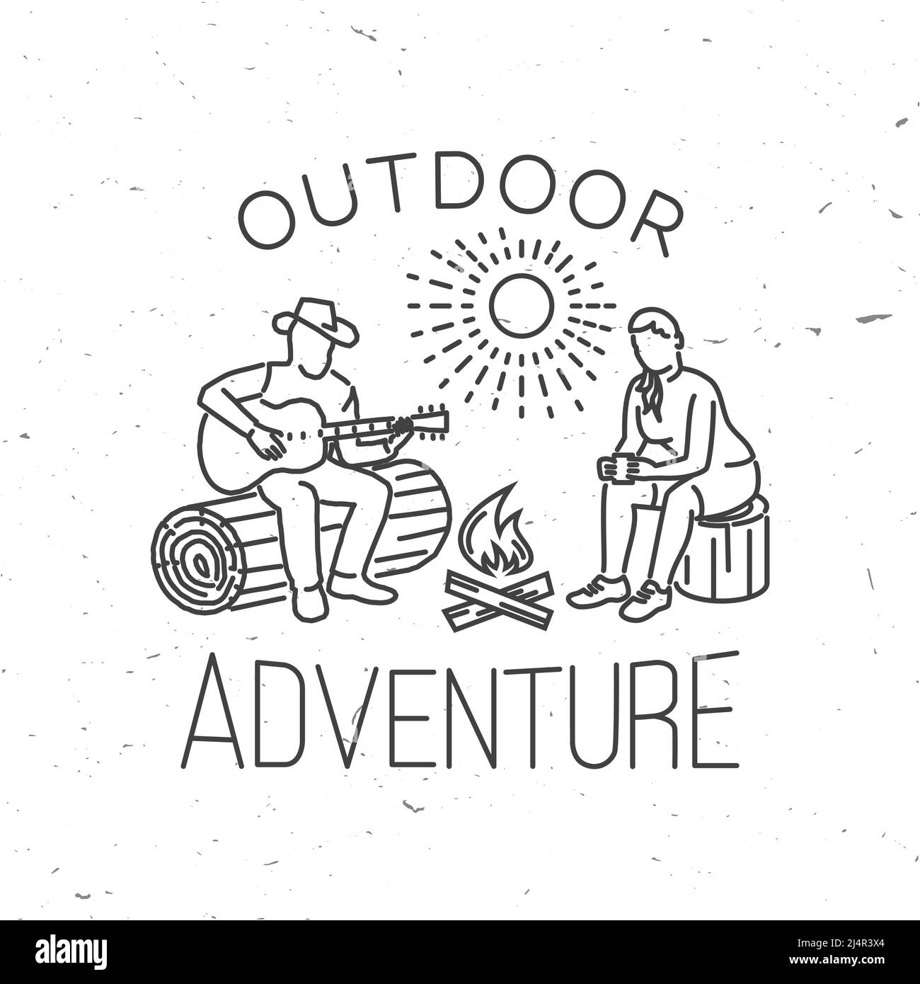 Outdoor adventure badge. Vector illustration. Concept for shirt or print, stamp, travel badge or tee. Vintage line art design with camper tent, pot on Stock Vector