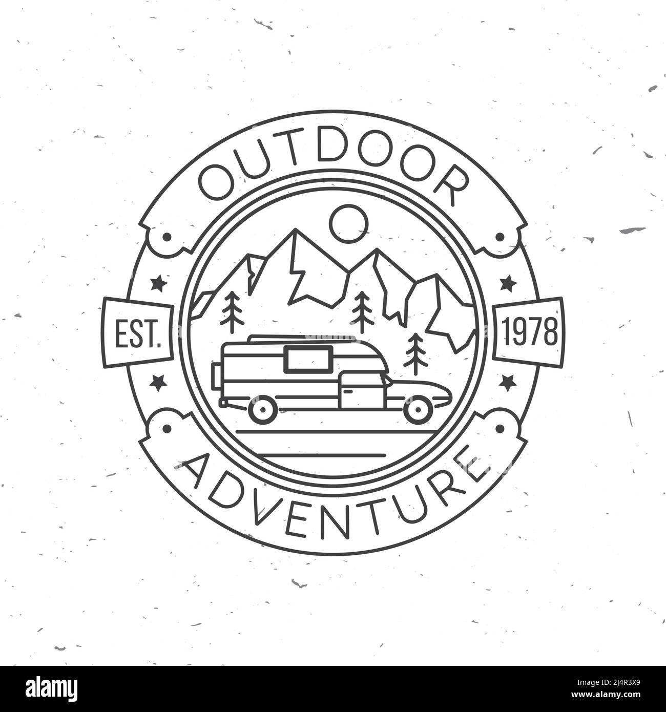 Outdoor adventure. Vector illustration. Concept for shirt or print, stamp or tee. Vintage line art design with Camper trailer and mountain silhouette. Stock Vector