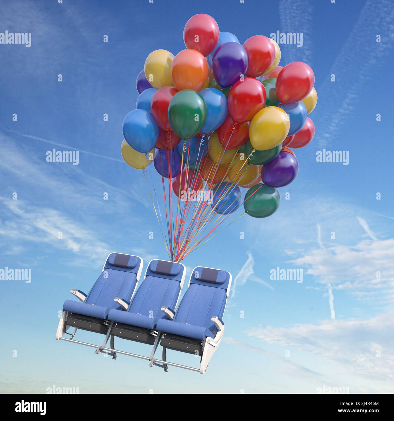 Aircraft seat flying on a bunch of balloons. Happy and safe airplane travel, free flight as a gift concept. 3d illustration Stock Photo