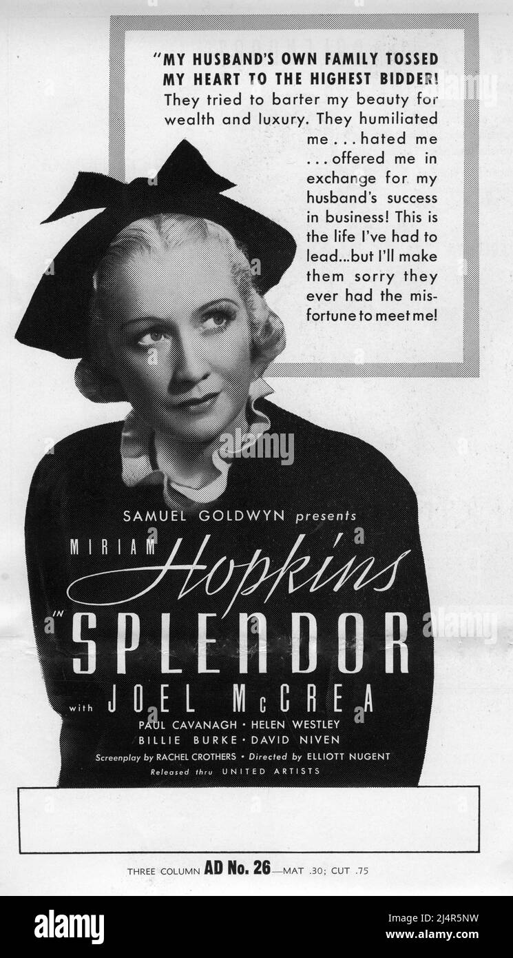 MIRIAM HOPKINS in SPLENDOR 1935 director ELLIOTT NUGENT play / screenplay Rachel Crothers costume design Omar Kiam The Samuel Goldwyn Company / United Artists Stock Photo