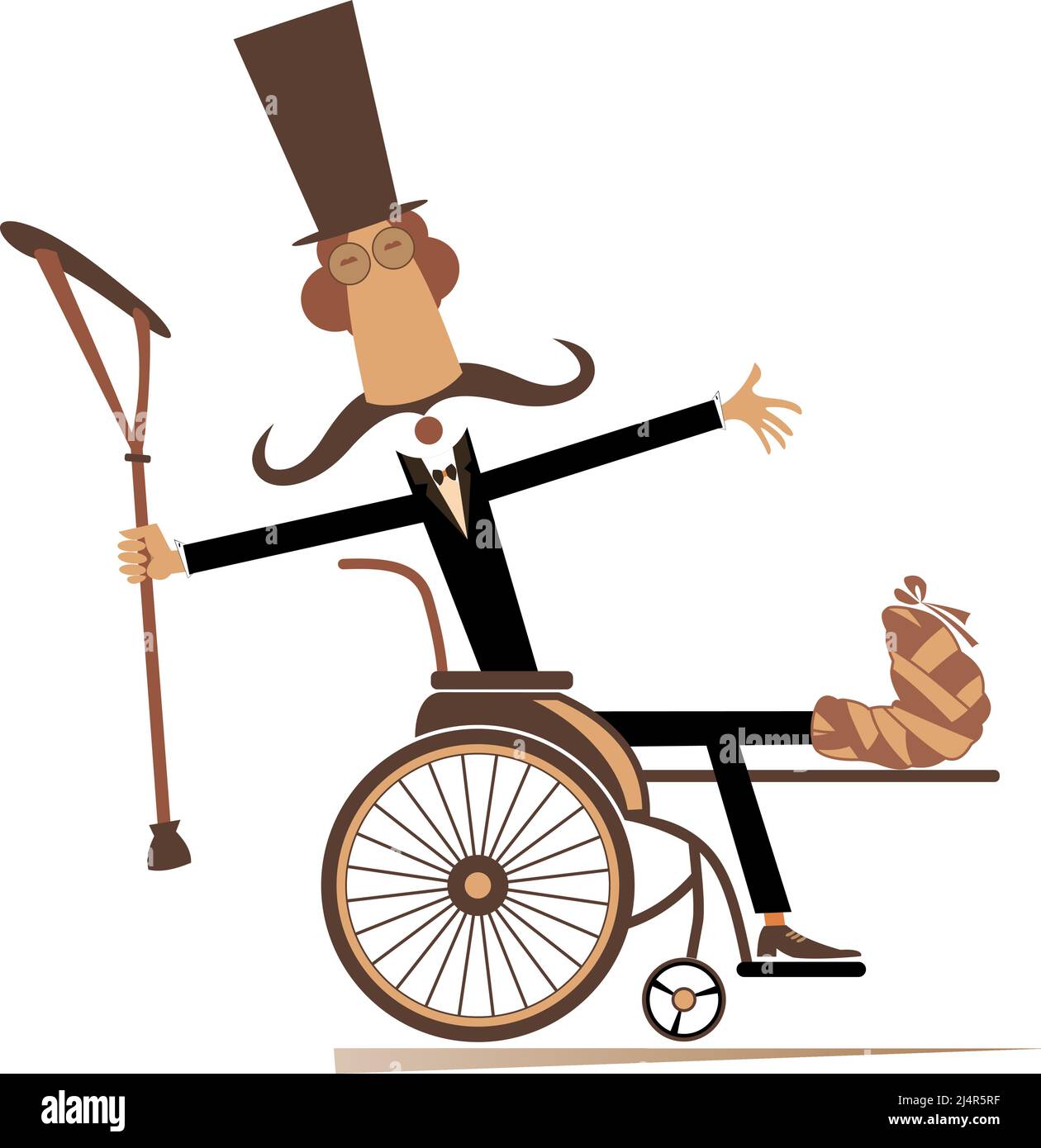 Cheerful long mustached gentleman in the top hat with bandages on the hand and leg holds crutch and sits in the wheelchair looks happy isolated Stock Vector