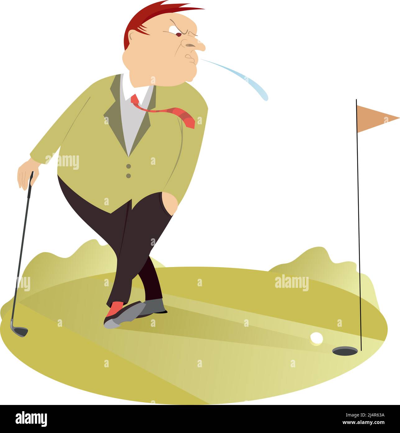 Upset golfer on the golf course illustration. Bad kick. Cartoon angry golfer man spitting to the golf flag Stock Vector