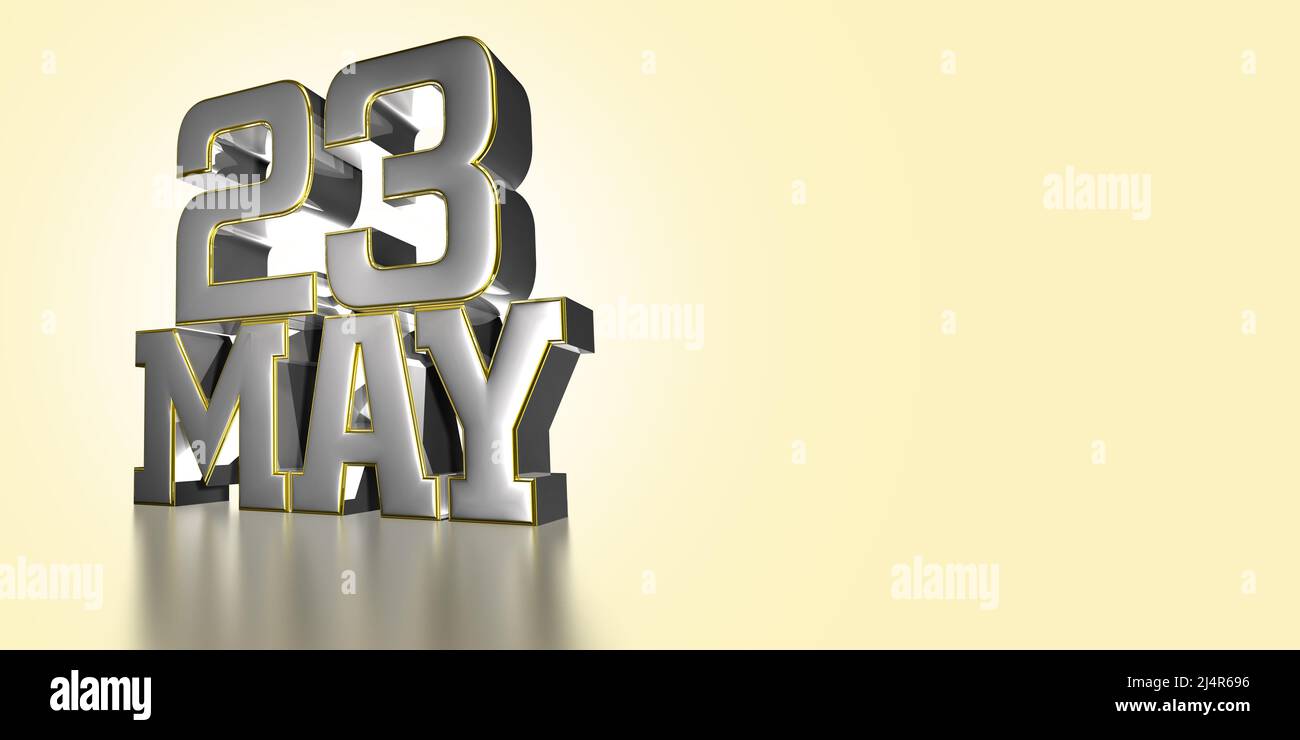 MAY 23 rd.Day 23 of May month stainless steel gold rim 3D illustration on light cream color background with clipping path.Empty space for text. Stock Photo