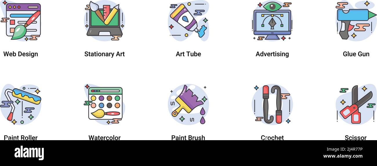 Art & Designing, drawing and web and graphic design icons set. flat Filled Outline vector illustration. Stock Vector