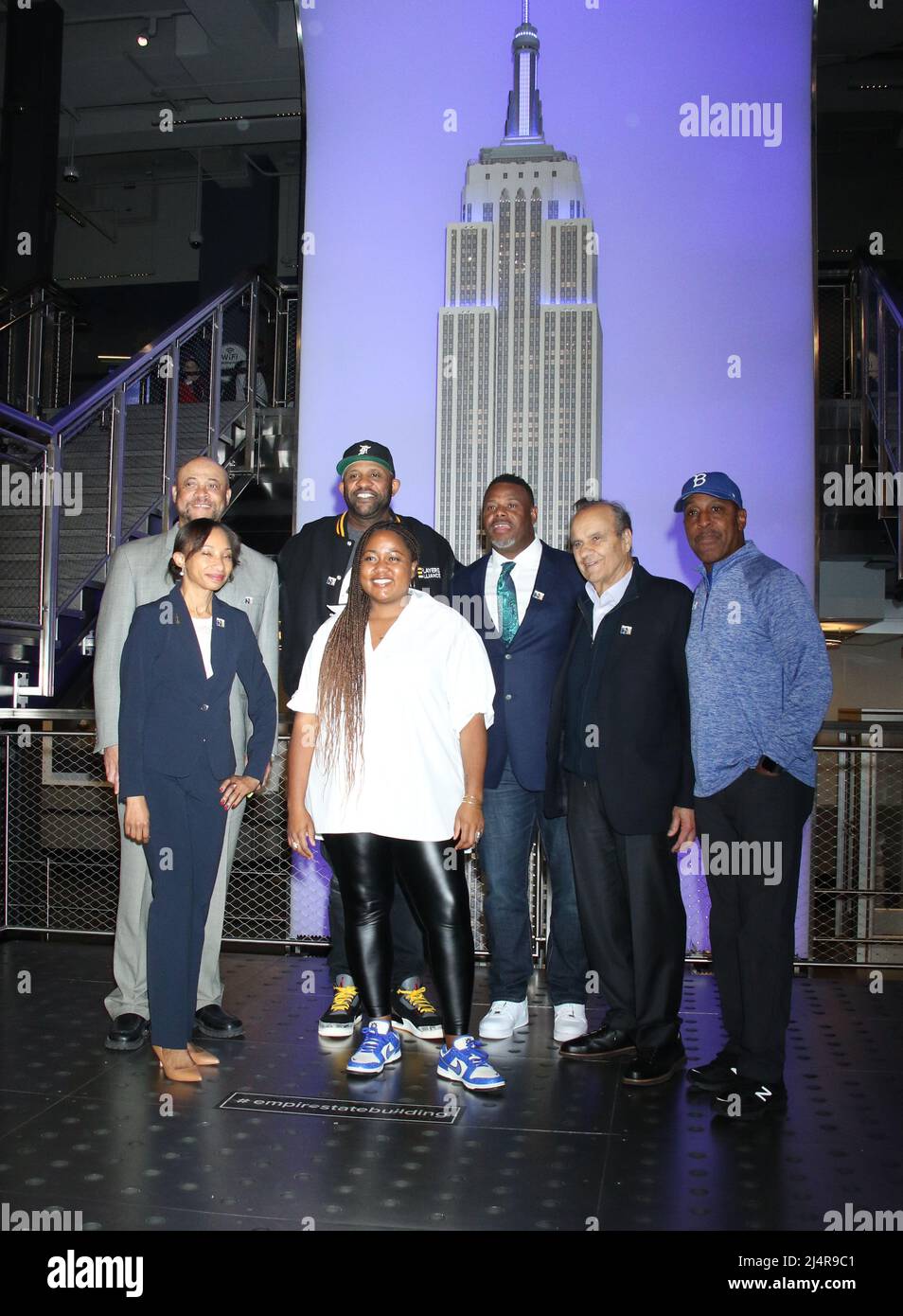 April 15, 22, 2022. Joe Torre CC Sabathia, Butch Huskey.Meta Robinson, Ken  Griffey Jr, Willie Randolph, April Brown attend the Empire State lighting  Celebration of Jackie Robinson Day and the 75th anniversary