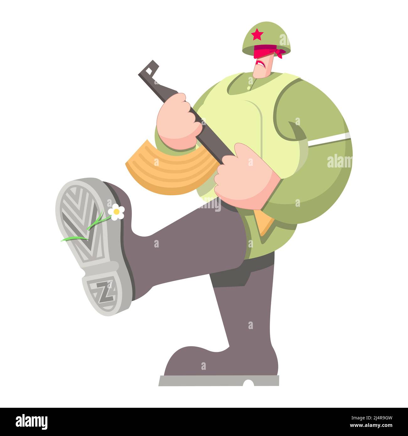Aggressive walking soldier with a blindfold and a machine gun in his hands. For print and design. Vector illustration. Stock Vector