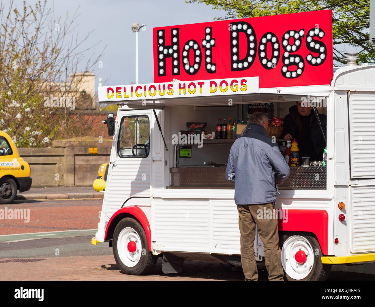 Manchester UK April 09, 2022 Old retro fast food hot dog van serving
