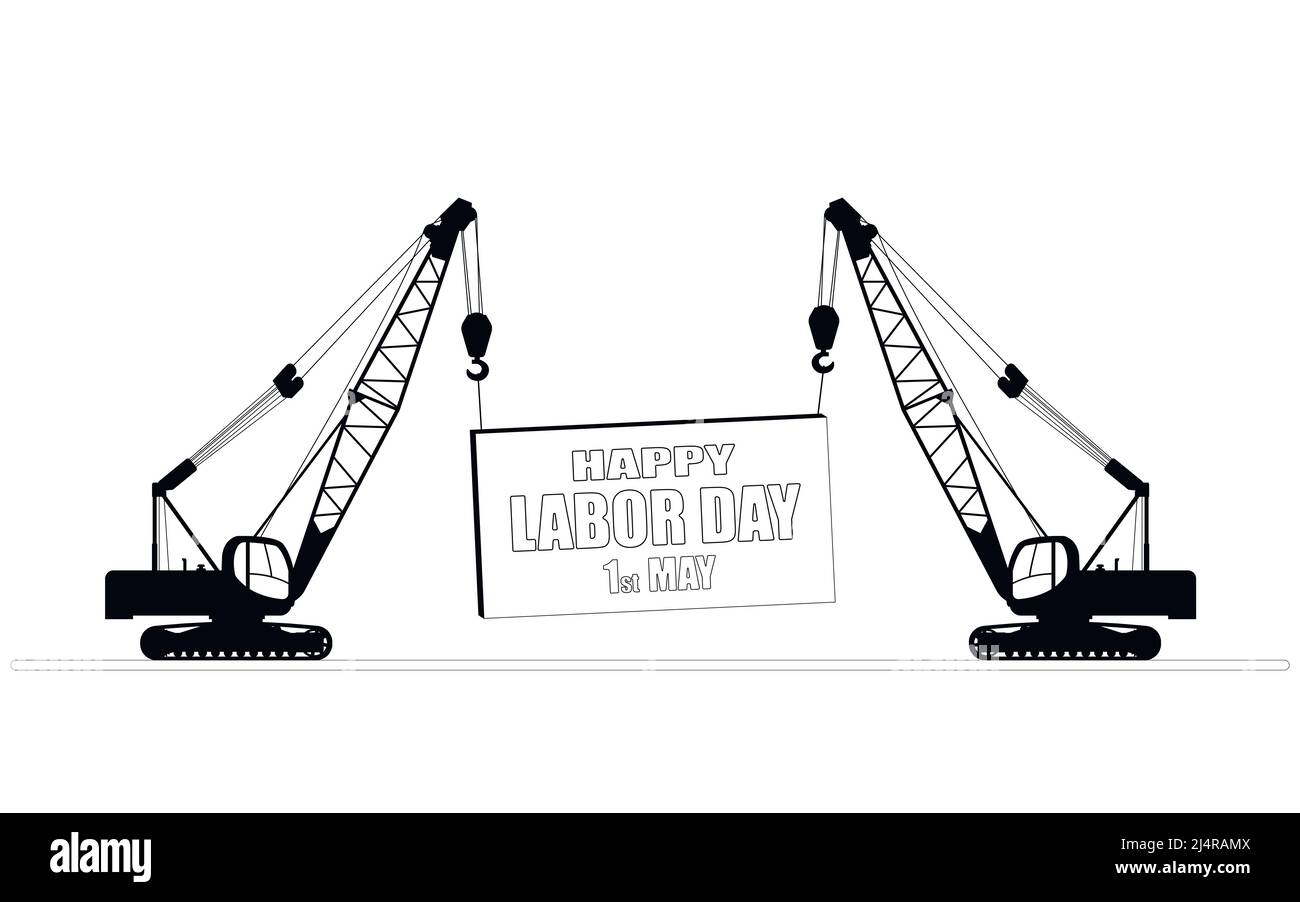 Two self-propelled construction cranes hold the load. Happy labor day, celebration concept. Flat vector illustration. Stock Vector