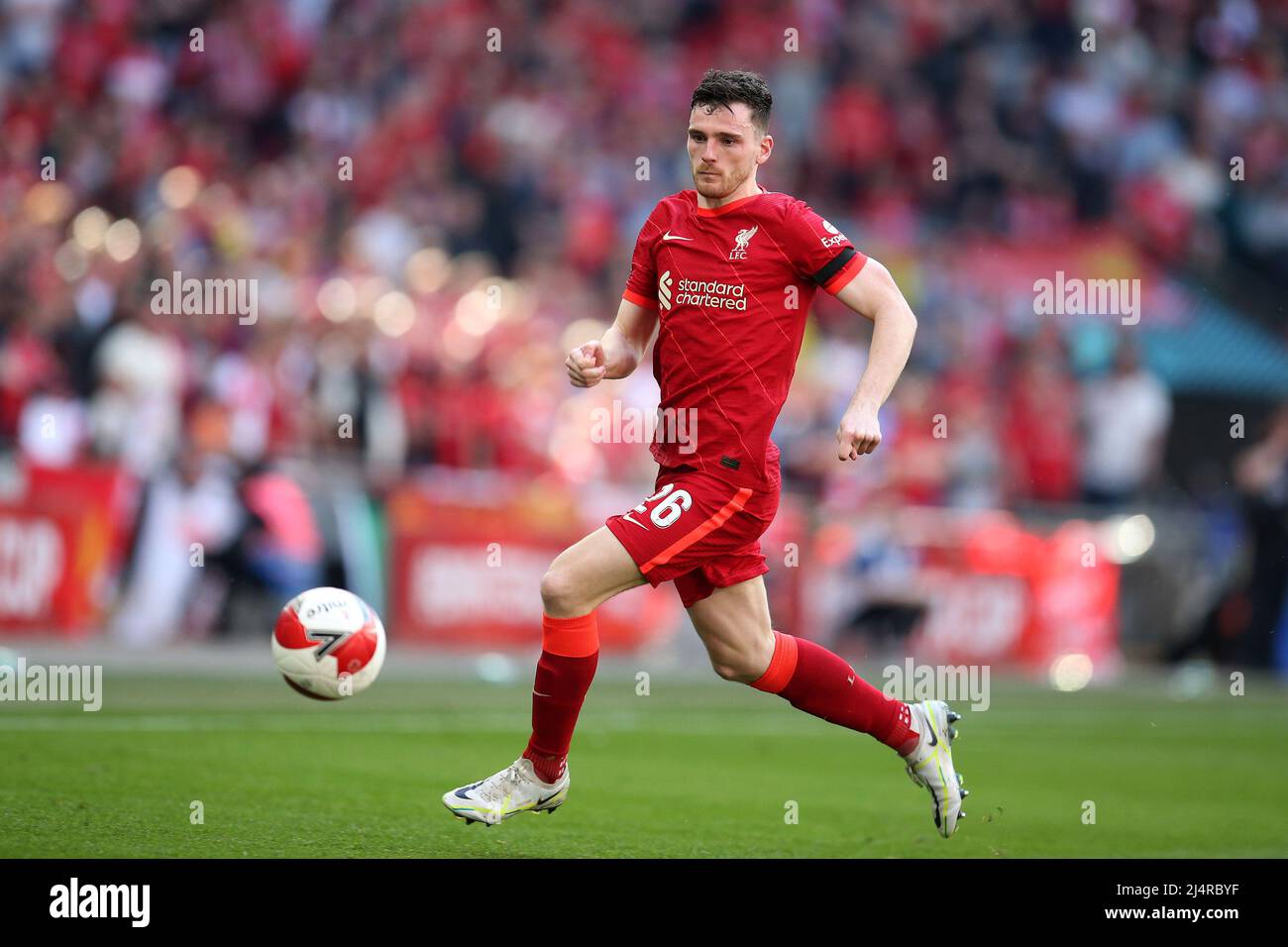 London, UK. 16th Apr, 2022. Andy Robertson of Liverpool in action. The Emirates FA Cup, semi final, Manchester City v Liverpool at Wembley Stadium in London on Saturday 16th April 2022.this image may only be used for Editorial purposes. Editorial use only, license required for commercial use. No use in betting, games or a single club/league/player publications.pic by Andrew Orchard/Andrew Orchard sports photography/Alamy Live News Credit: Andrew Orchard sports photography/Alamy Live News Stock Photo