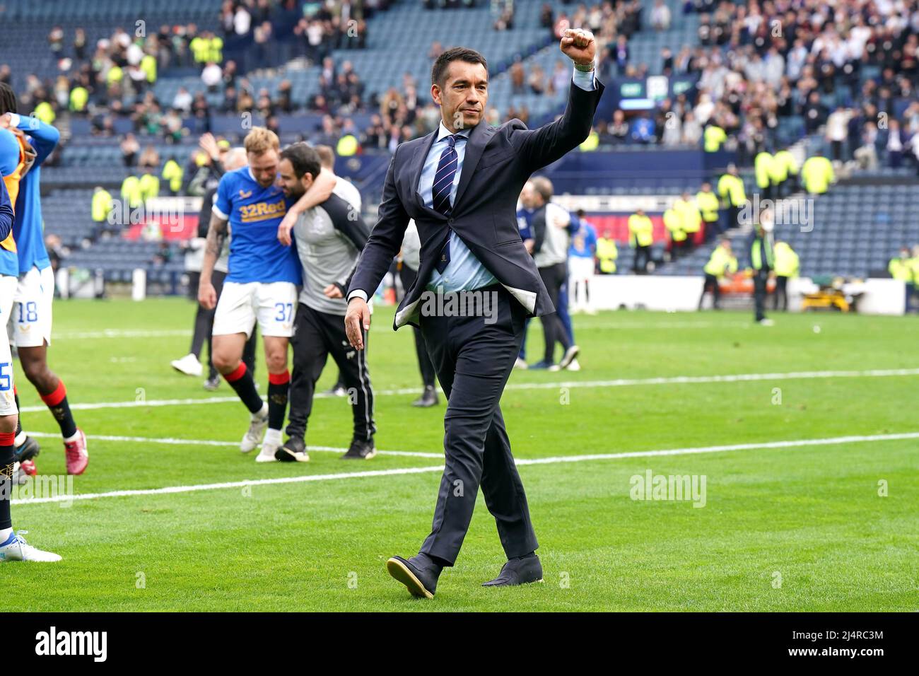 Rangers manager Giovanni van Bronckhorst celebrates after the final whistle in the Scottish Cup semi final match at Hampden Park, Glasgow. Picture date: Sunday April 17, 2022. Stock Photo
