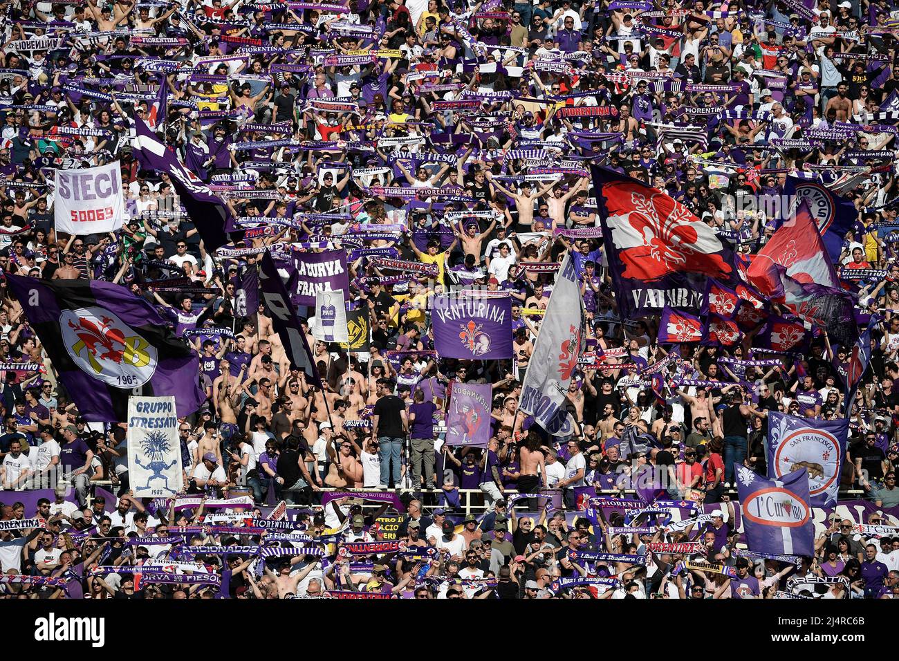 Florence, Italy. 21 May 2022. Fans of ACF Fiorentina show their support  prior to the Serie