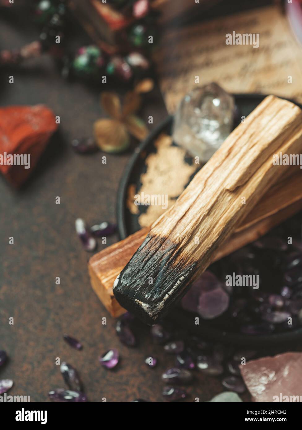 Palo Santo, holy sacred tree stick, burning with aroma smoke. Healthy