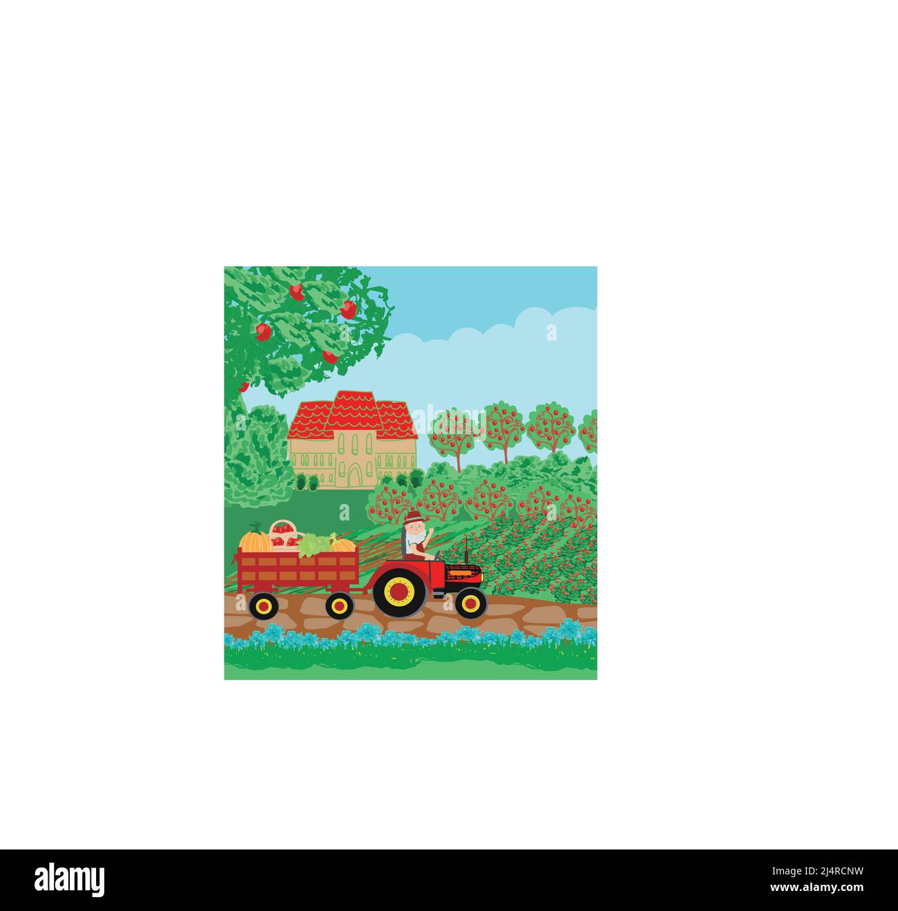 The Farmer on a Tractor Rides in the field with crops Stock Vector ...