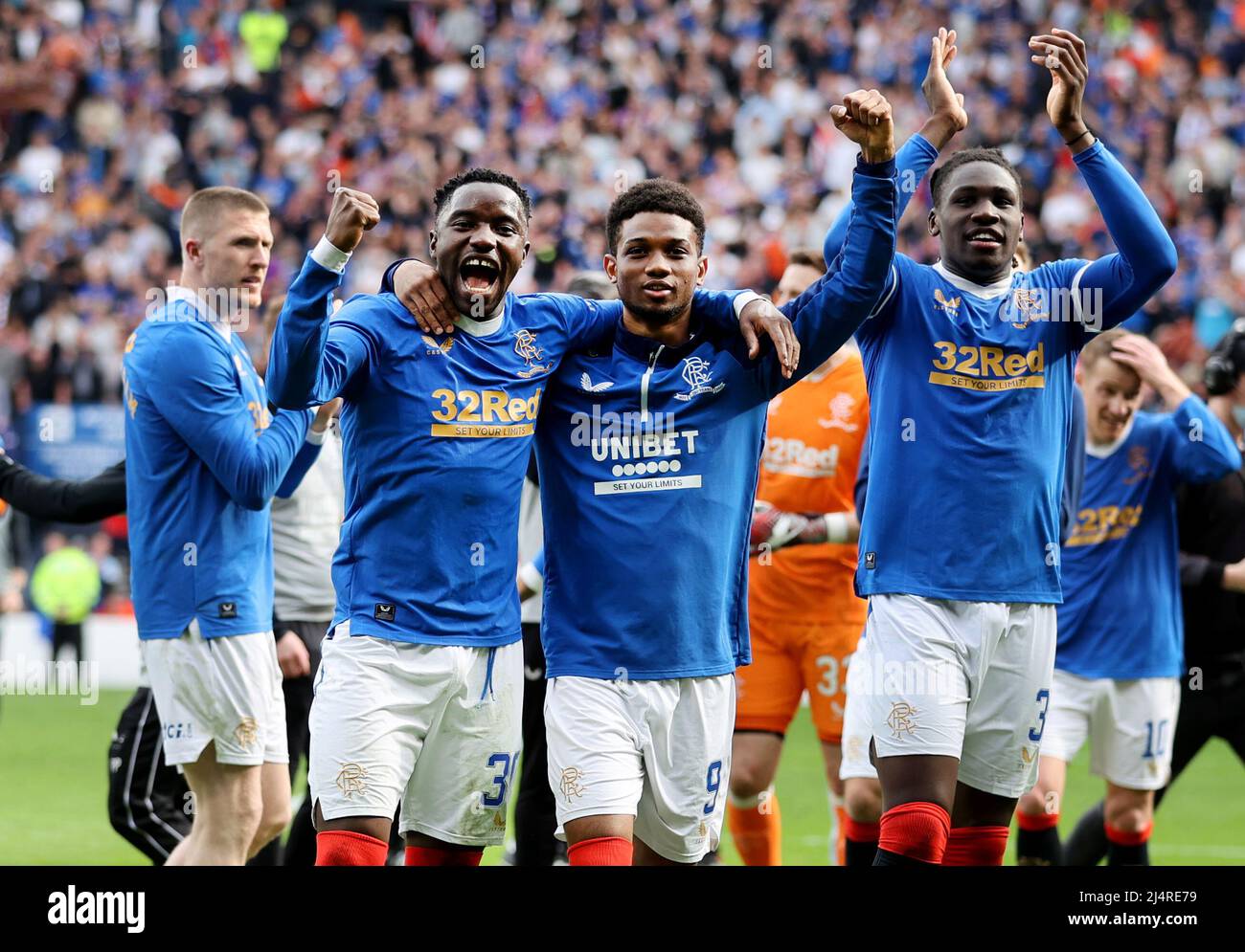 Rangers Amad Diallo (centre), Fashion Sakala (left) and Calvin Bassey (right) during the Scottish Cup semi final match at Hampden Park, Glasgow. Picture date: Sunday April 17, 2022. Stock Photo