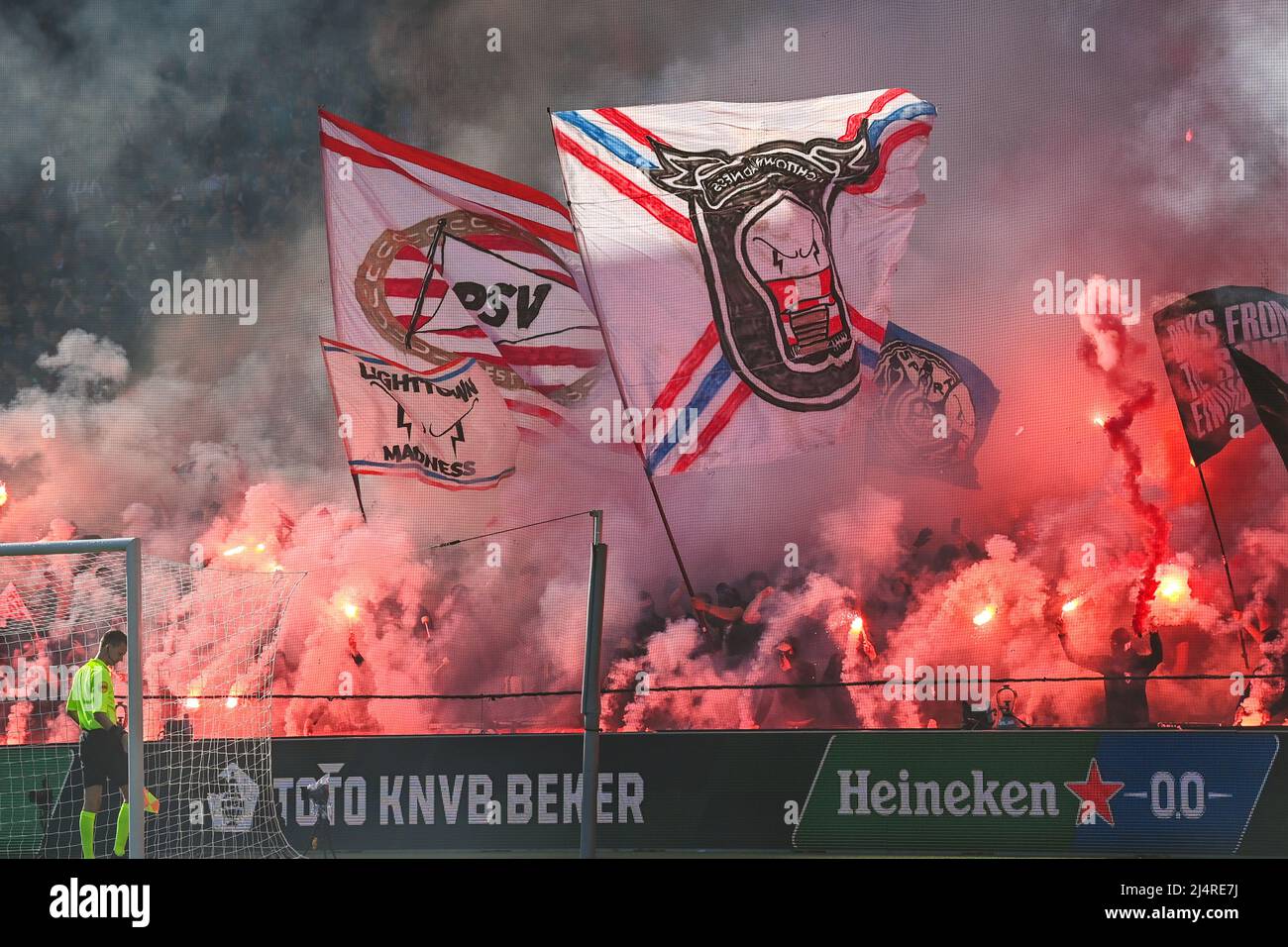 ROTTERDAM - PSV supporters with fireworks during the Dutch TOTO KNVB Cup  Final match between PSV and AJAX at Stadium de Kuip on April 17, 2022 in  Rotterdam, Netherlands. ANP OLAF KRAAK