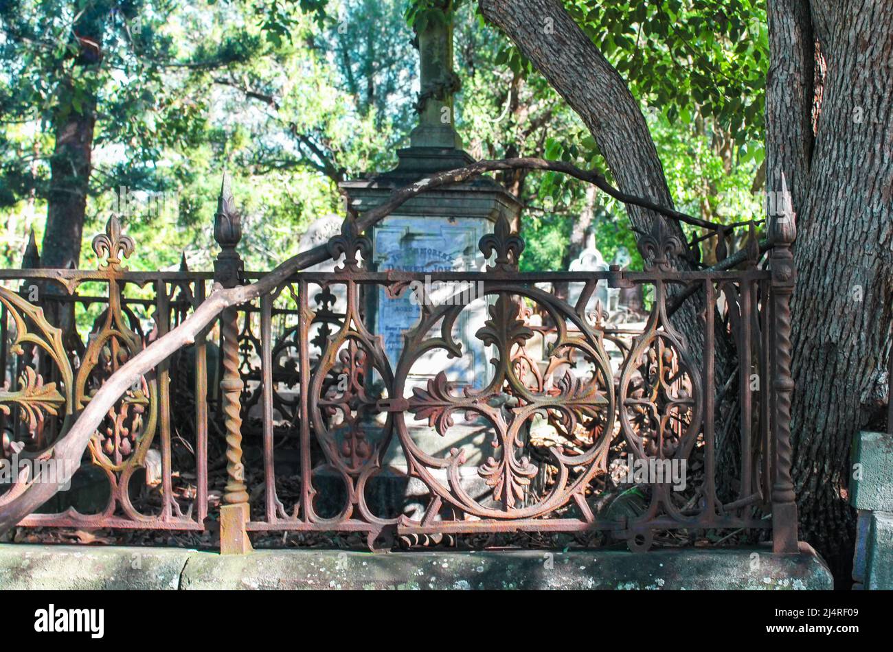 Detail of vintage rusty iron fence in neglected Toowong cemetery near Brisbane Queenland Australia 8 23 2015 Stock Photo