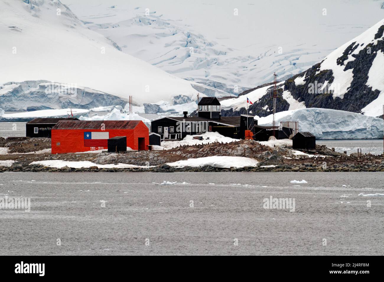 View of the Chilean Station Gonzales Videla, on the Antarctic mainland's Waterboat Point in Paradise Bay - Antarctica Stock Photo