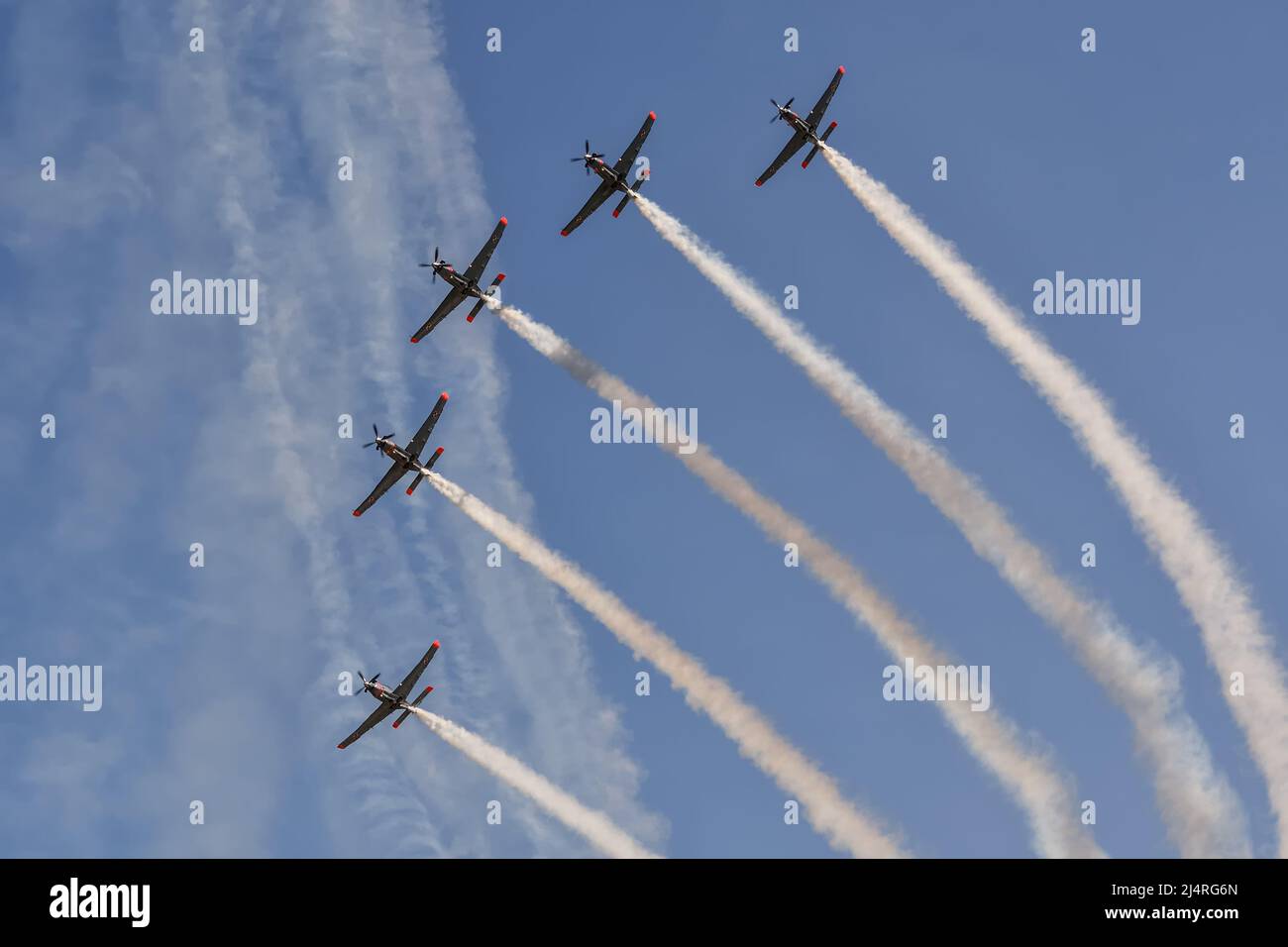 Gdynia, Poland - August 21, 2021: Flight of planes of the Polish air force Orlik aerobatic team at the Aero Baltic show in Gdynia, Poland. Stock Photo