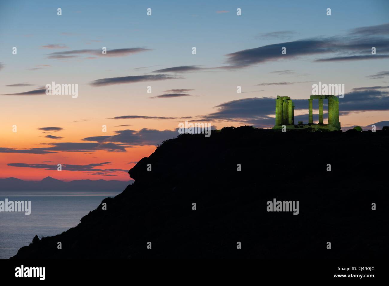 Sunset over the Temple of Poseidon at Cape Sounion, Greece Stock Photo ...
